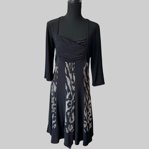 Frank Lyman Black and  Leopard Print Square Neck Jersey Dress